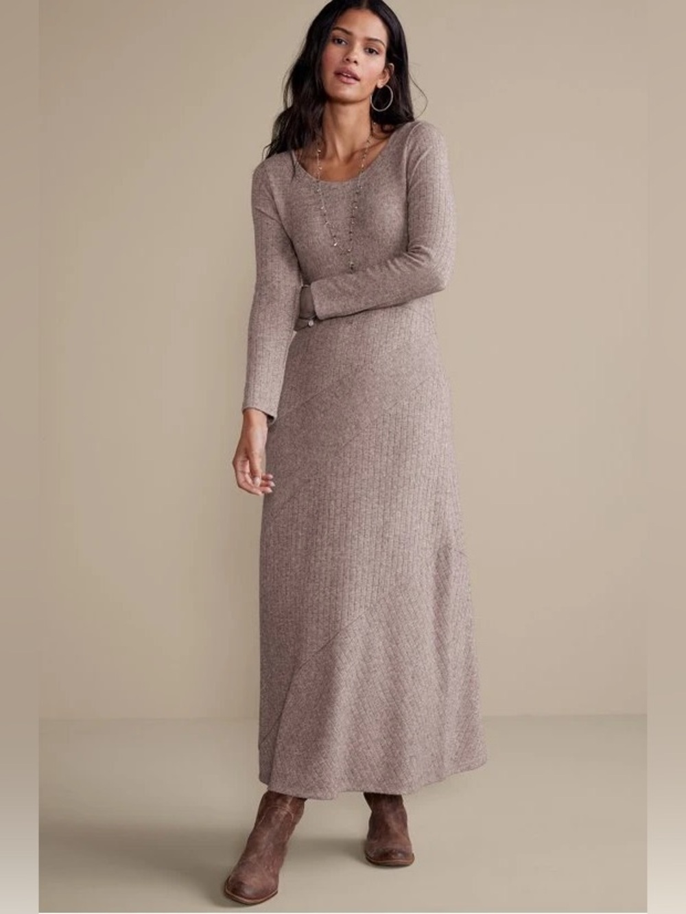 NWT Soft Surroundings Long-Sleeve Ribbed Knit Maxi Dress in Heather Taupe PXS